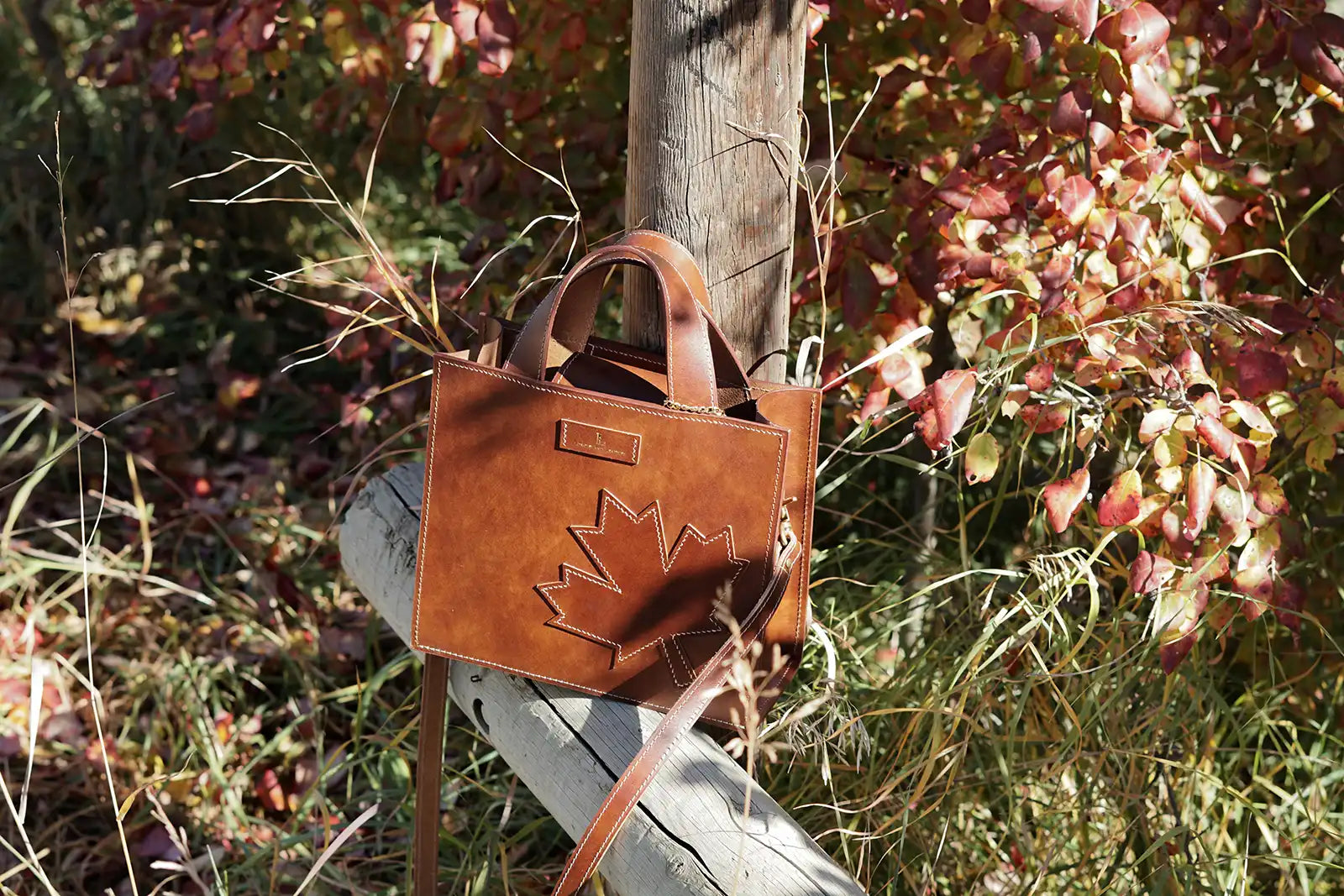 Handcrafted maple leaf leather tote in Calgary, a personalized luxury gift for meaningful moments.
