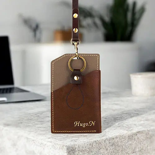 Personalized leather card holder with custom engraving service in Calgary