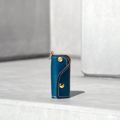 The SIDECAR custom leather key case in navy blue, a slim and durable key holder for personalized gifts