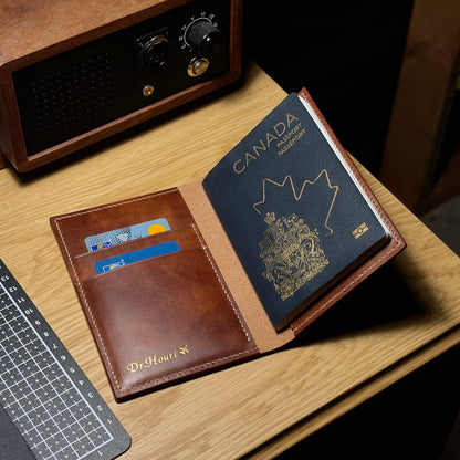 Brown personalized leather passport cover holding a Canadian passport and two cards